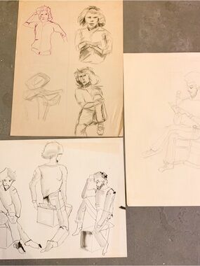 3 Vintage Bearded Man Study Figural Sitting on Rocking Chair Rosemarie Hahn Mcm